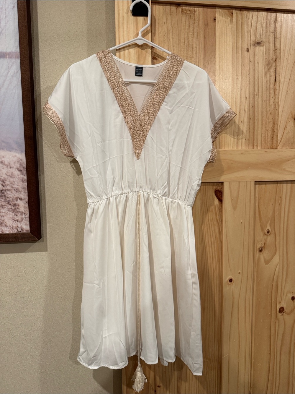 SHEIN White Swim Coverup with Tan Crochet Trim - NWOT